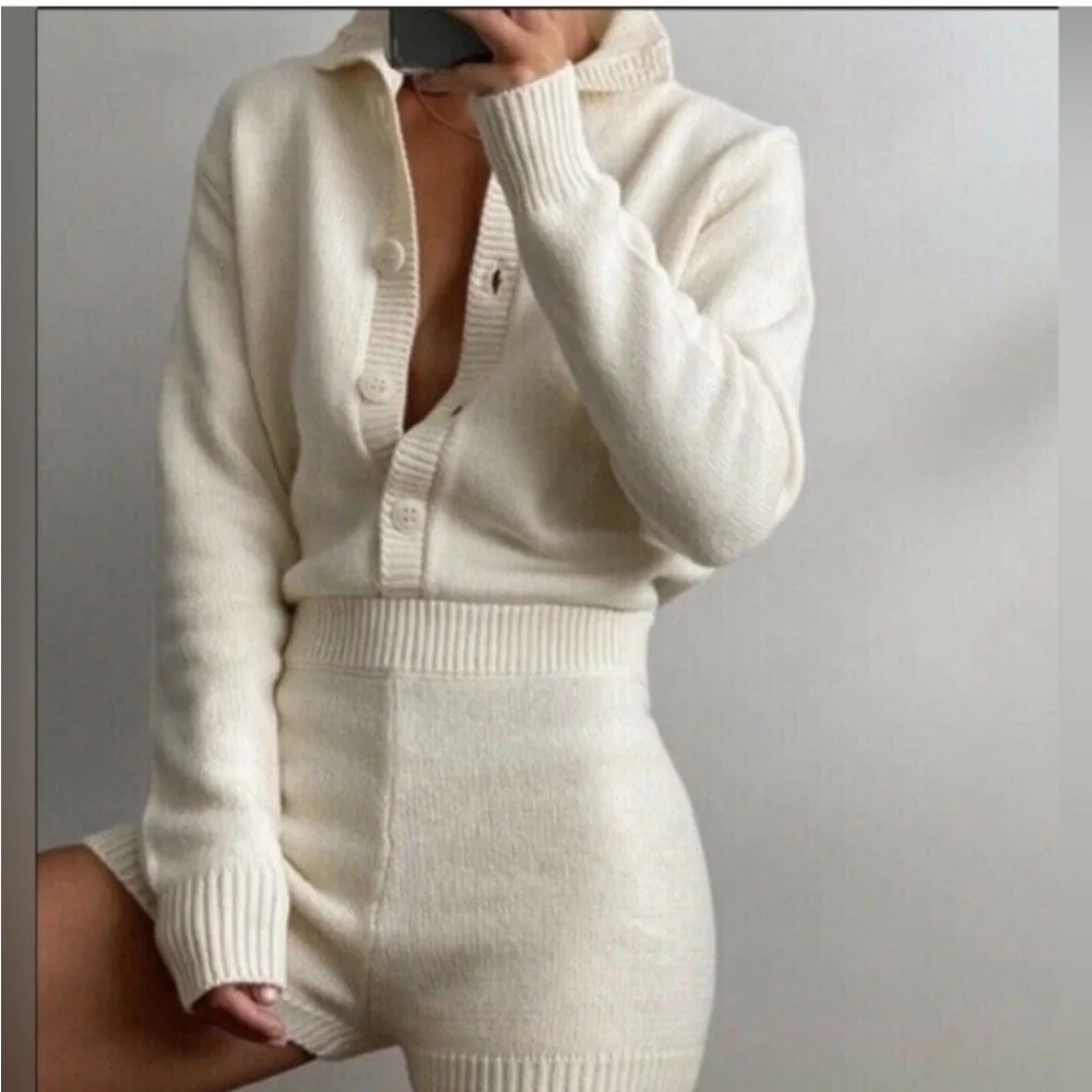 Zara Off-White Knit button front Long Sleeve Romper - Picture 2 of 6